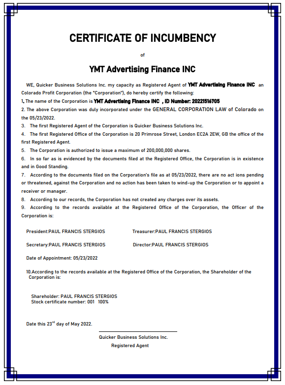 YMT certificate 3